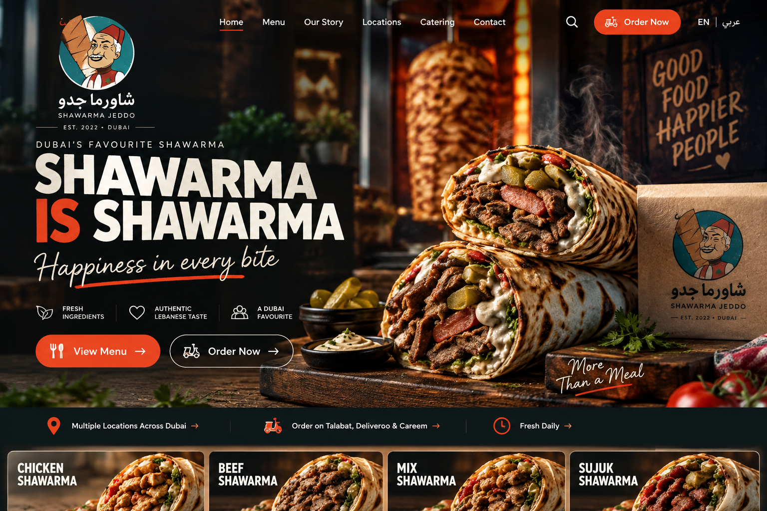 Shawarma Jeddo approved desktop hero showing the official branding, shawarma hero, menu call-to-action and order call-to-action.